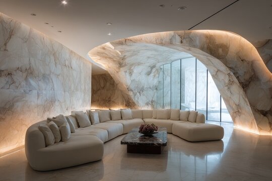 Luxurious curved sectional in a modern, light-filled interior
