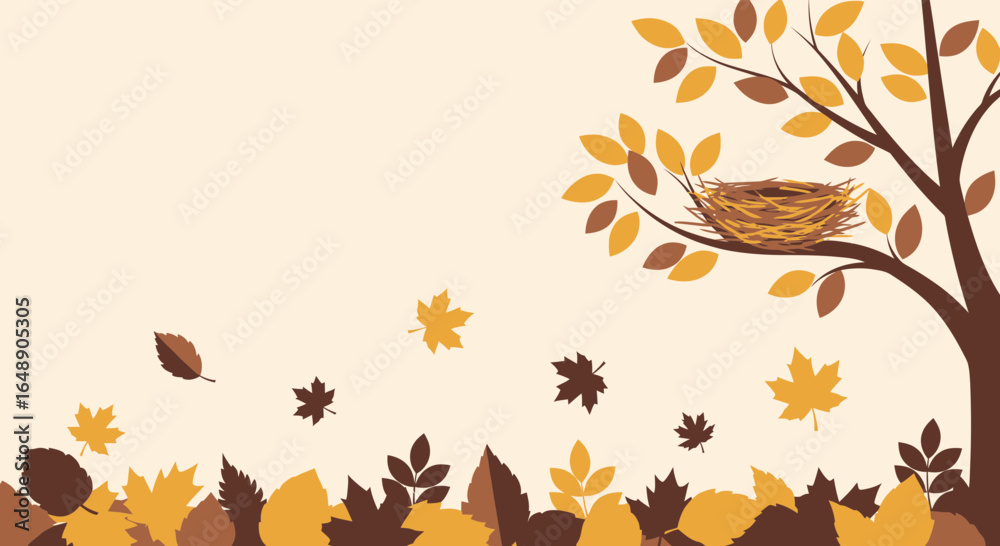 Wall mural autumnal vector composition of falling leaves and nest on a tree branch