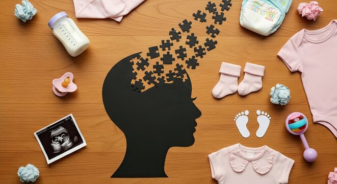 Woman's head silhouette with puzzle pieces representing baby care concept. Motherhood journey, child development, and parental thinking stages. - Powered by Adobe