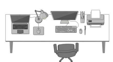 Overhead View of Modern Office Desk with Computer and Laptop.