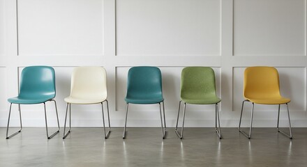 Five colored chairs aligned in front of a white paneled wall on a gray floor