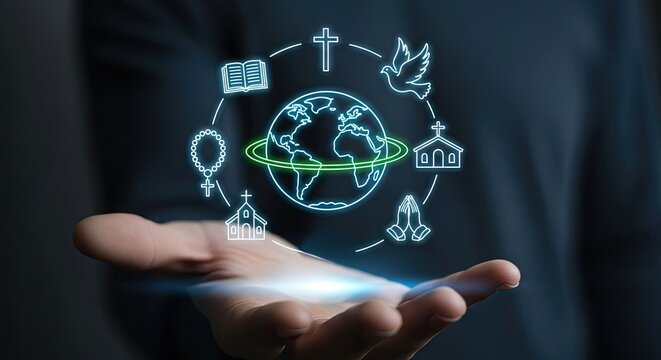 A man holding a glowing earth with christian religious icons circling around it. Global religion and spiritual unity concept.