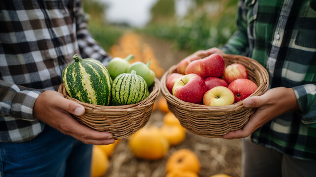 Two farmers holding baskets of fresh apples and gourds during the autumn harvest
