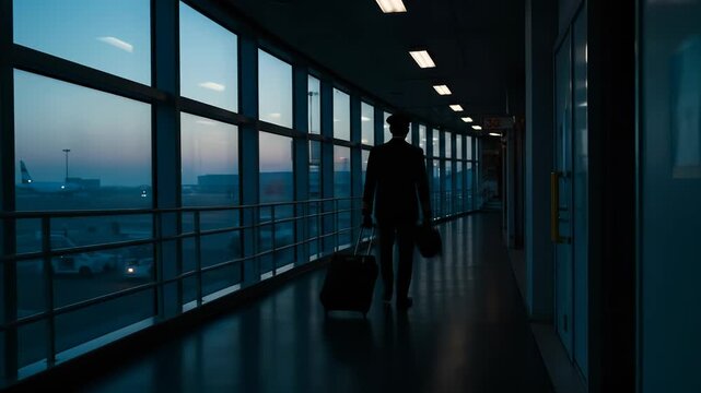 A professional male pilot in uniform, silhouetted, walks with luggage through a modern airport jet bridge at dawn.