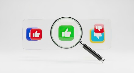 Magnifying glass over a green thumbs up icon, with other like and dislike icons. Social media approval and search for positive feedback.