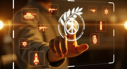 Man touching a virtual screen with peace symbol over combat icons. Concept of choosing peace over war. For global peace.
