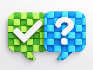Two speech bubbles, one with a checkmark, the other with a question mark, showcasing a choice or decision-making concept. 