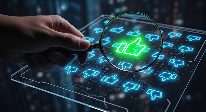 Man holding magnifying glass over digital screen with glowing green like icon among blue dislike icons. Social media concept.