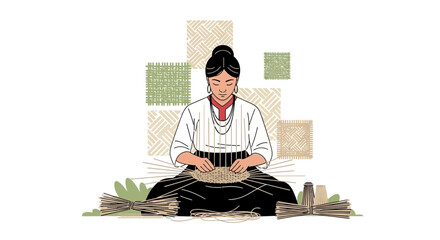 Asian Woman Engaged In Traditional Weaving Practice With Intricate Patterns