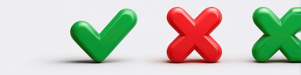 Three 3D symbols green checkmark, red x, green x