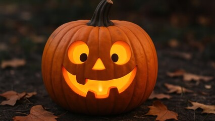 Glowing jack-o'-lantern amidst leaves.