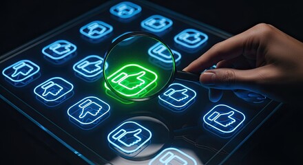 Woman's hand holding a magnifying glass over a glowing green like button on a screen. Social media approval and positive feedback.