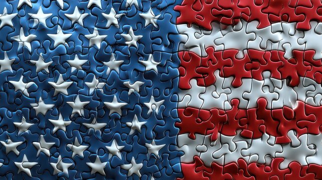 American flag made of puzzle pieces with red white and blue colors and star shapes scattered around - Powered by Adobe