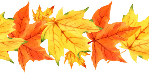 orange maple leaves, watercolor seamless border with autumn bright part of tree, hand drawn illustration, yellow and orange color, sketch on white background, for October festival event posters