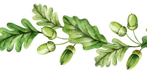 green leaves, acorns and branches of oak, watercolor seamless border of parts of forest trees, hand draw nature illustration isolated on white background, sketch of plant for textile, home decoration © TATIANA