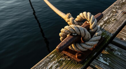Fototapeta premium Close-up of a nautical knot secured to a rusty dock. A thick rope is tied in a complex knot around a metal mooring cleat. Water laps gently at the wooden dock's edge