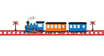 Cartoon Train on Tracks with Signal Lights, Isolated on White.