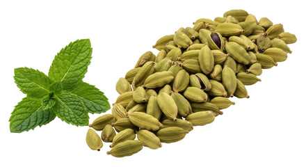 Isolated Cardamom Pods with Mint