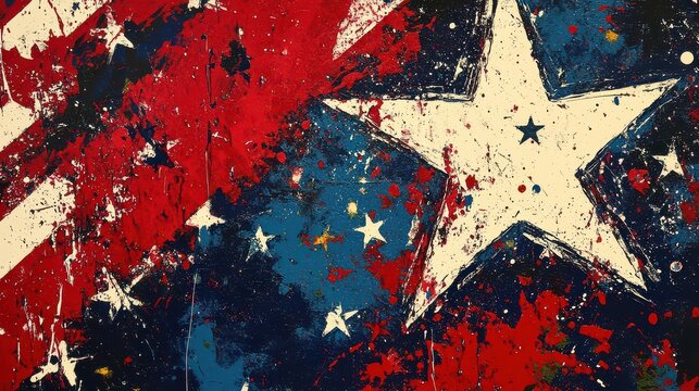 Abstract expressionist painting featuring red, white, and blue with star and stripe motifs
