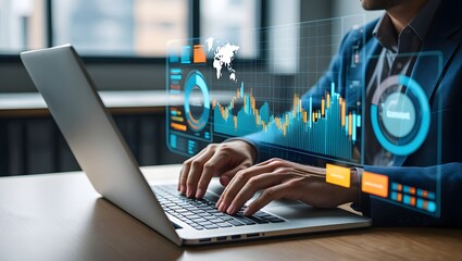 Businessman analyzing financial technology data for investment integration using laptop in modern office, visualizing digital charts, market trends, and fintech insights for economic strategy.