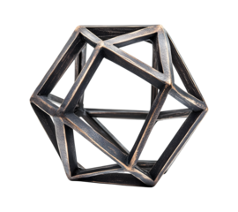 Geometric metal icosahedron sculpture isolated on transparent background, cut out