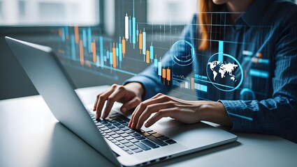 Businessman analyzing financial technology data for investment integration using laptop in modern office, visualizing digital charts, market trends, and fintech insights for economic strategy.
