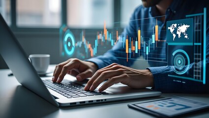 Businessman analyzing financial technology data for investment integration using laptop in modern office, visualizing digital charts, market trends, and fintech insights for economic strategy.