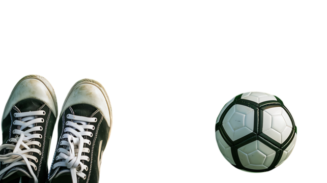 Soccer ball and shoes on dark setting for sports equipment and footwear advertisement or presentation use on transparent background