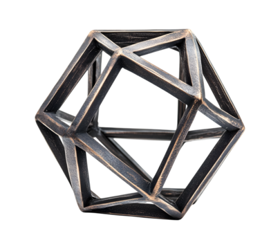 Geometric metal icosahedron sculpture isolated on transparent background, cut out