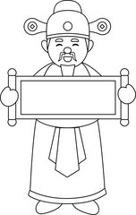 Chinese god of wealth holding blank scroll outline illustration.
Happy Chinese new year festival coloring drawing. 
Transparent background.
