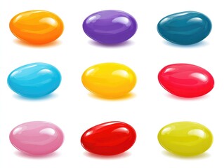 Nine colorful, glossy, oval-shaped candies, arranged in a 3x3 grid against a white background.  Each candy has a reflective, smooth surface and a subtle shadow beneath it.