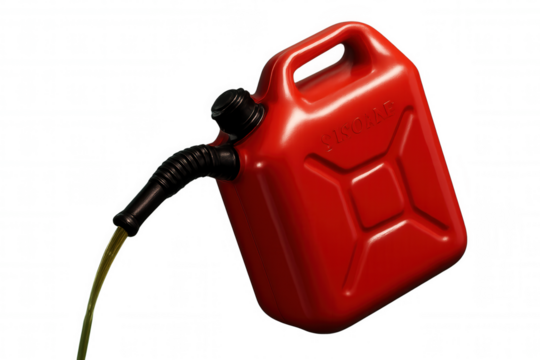 Red plastic fuel container pouring gasoline, isolated on transparent background, ideal for fuel and energy concepts
