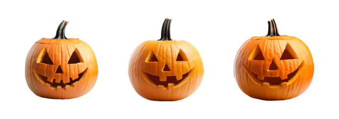 Set of Smiling Jack O'Lantern Pumpkin isolated on transparent background, cut out