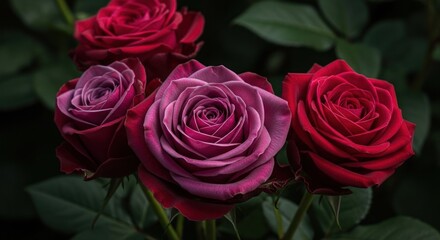 Naklejka premium Close-up of four vibrant roses in deep reds and purples