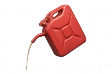 Bright red jerrycan spilling gasoline against transparent backdrop, highlighting fuel transportation and energy concepts