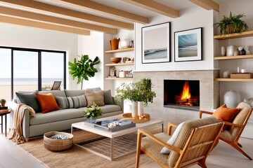 Fototapeta premium Bright coastal-inspired living room with natural wood and modern decor