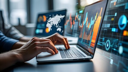 Businessman analyzing financial technology data for investment integration using laptop in modern office, visualizing digital charts, market trends, and fintech insights for economic strategy.