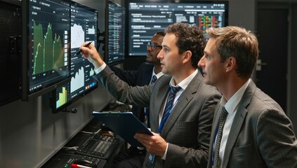 Financial analysts collaborating to analyze market data and trading charts displayed on multiple screens in a modern office setting.