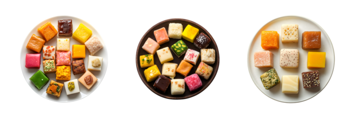 Plate of assorted traditional Indian sweets in cube shapes isolated on transparent background, cut out