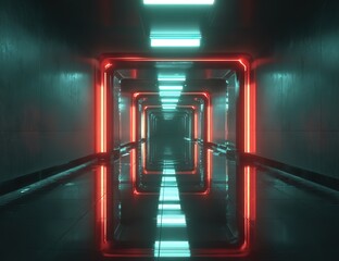 3D render of a futuristic corridor with neon lights, red and teal colors, and a shiny floor