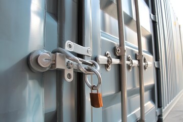 Close-up view of secured shipping container doors during sunset