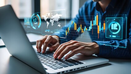 Businessman analyzing financial technology data for investment integration using laptop in modern office, visualizing digital charts, market trends, and fintech insights for economic strategy.