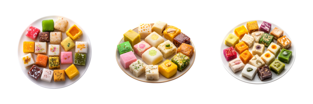 Plate of assorted traditional Indian sweets in cube shapes isolated on transparent background, cut out