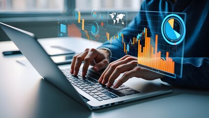 Businessman analyzing financial technology data for investment integration using laptop in modern office, visualizing digital charts, market trends, and fintech insights for economic strategy.