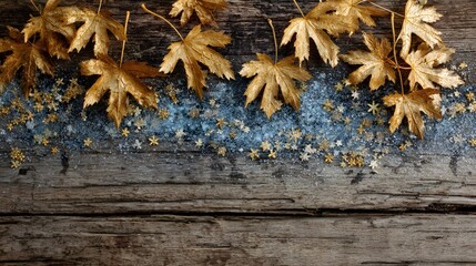 Golden maple leaves and frost-covered snowflakes on rustic wood