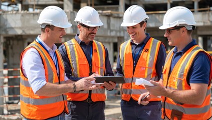 Four construction professionals wearing hard hats and high-visibility vests collaborate while reviewing plans and a tablet on a building site.