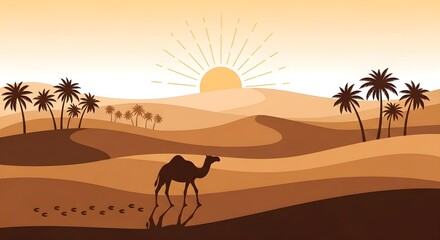 Desert Landscape with Camel, Palm Trees, and Rising Sun.