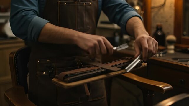 An adult man barber skillfully sharpens a straight razor on a leather strop in a classic vintage barbershop, showcasing traditional grooming precision.