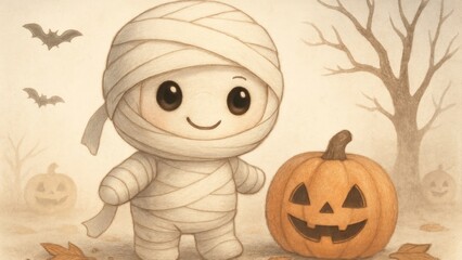 Fototapeta premium Cute mummy with Halloween pumpkin