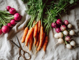 Top-down food scene of washed carrots with tops, radishes and turnips on cotton cloth with kitchen scissors, neutral workspace, crisp lighting, suitable for healthy food and lifestyle.